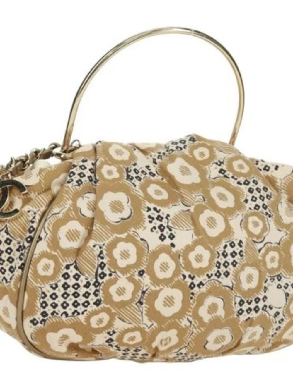 CHANEL Camelia Hand Bag Canvas Beige Gold CC Auth BAZ669V